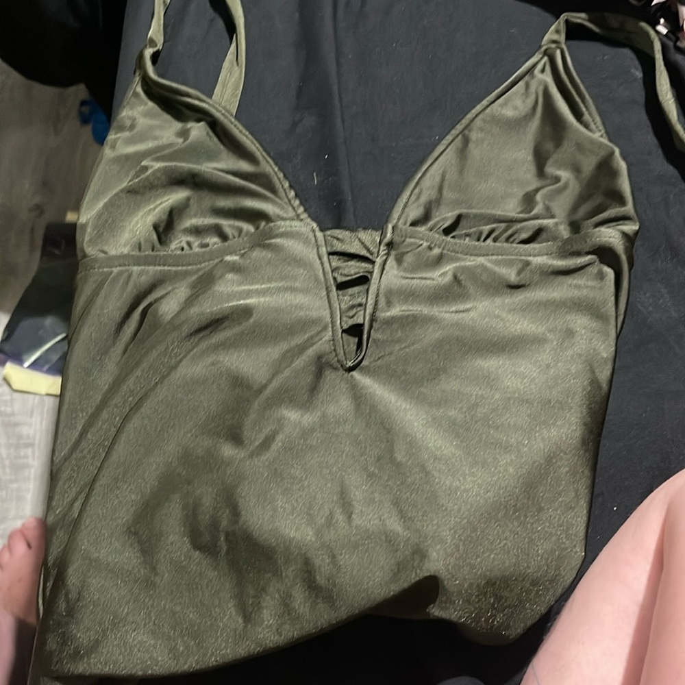 Olive green swimsuit with low-cut and high-rise